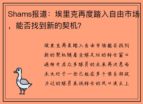 Shams报道：埃里克再度踏入自由市场，能否找到新的契机？