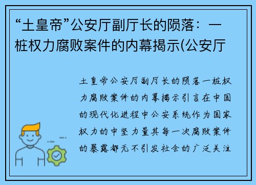 “土皇帝”公安厅副厅长的陨落：一桩权力腐败案件的内幕揭示(公安厅 常务副厅长)